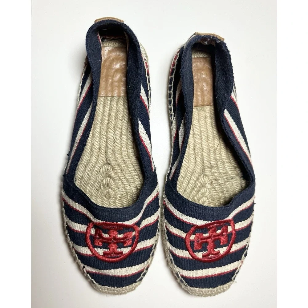 Tory Burch Womens SIZE 6 Striped Canvas Espadrilles Slip On Shoes Blue Red Beige